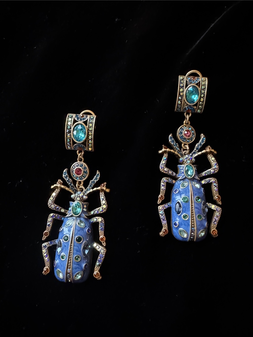 Heidi Daus Blue Enamel Beetle Drop Earrings with Multicolor Crystals
